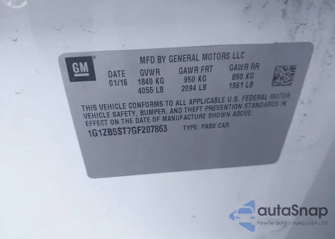 2016 Chevrolet Malibu Ls z USA, uszkodzony, nr VIN 1G1ZB5ST7GF207863